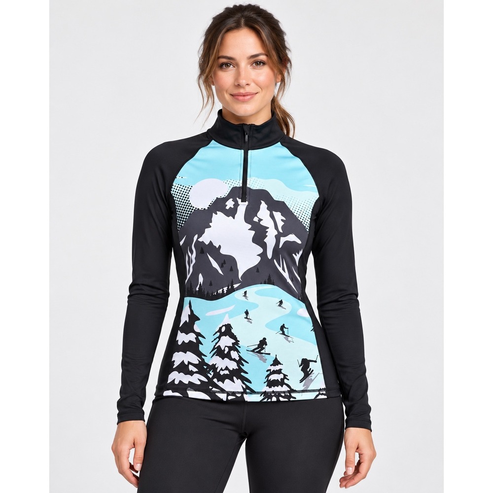 Hot Chillys Base Layer Top Womens Medium Black Ski Mountain Graphic NWT